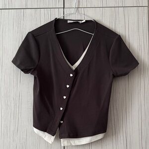 Elegant Brown and White Top with Heart Buttons
